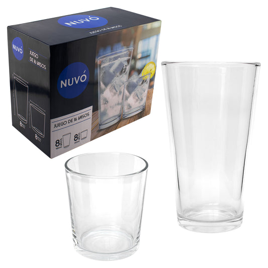 JUEGO DE 16 VASOS DE VIDRIO | REGALOS SIGLO XXI